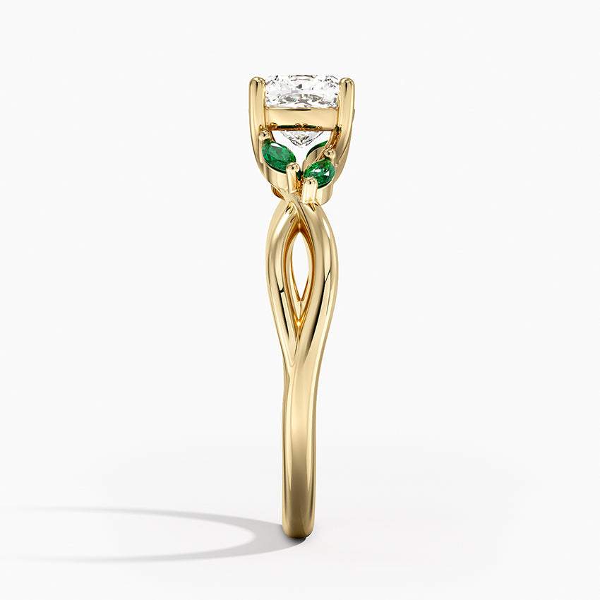 Willow Ring With Lab Emerald Accents Yellow Gold 18k Cushion Engagement Ring