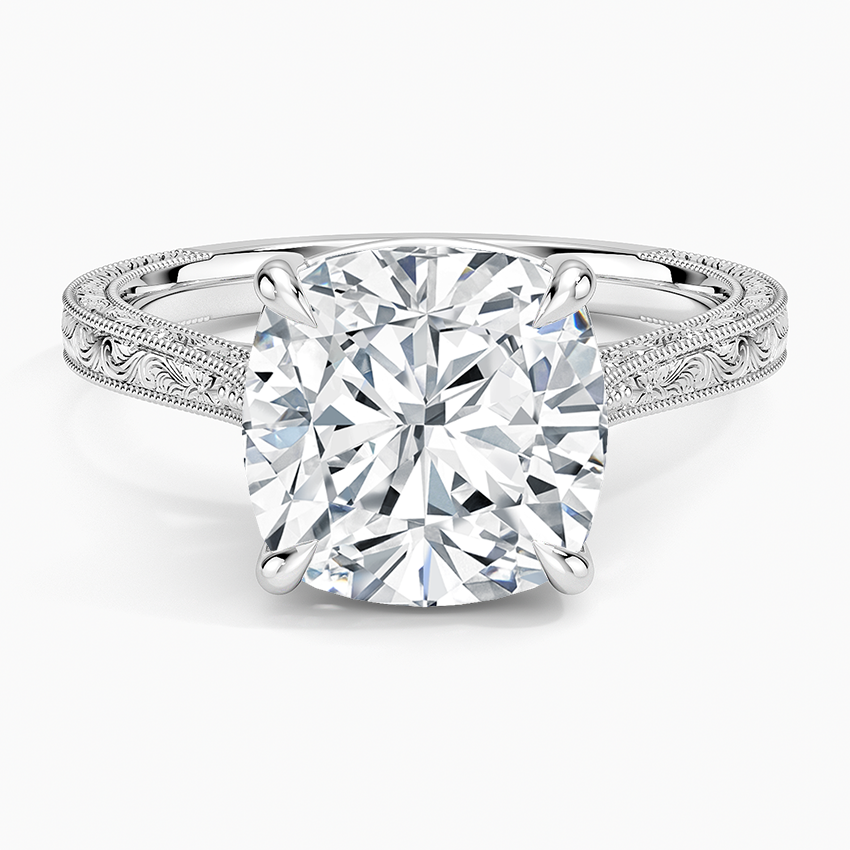 Elsie Engraved Ring Platinum Cushion Engagement Ring