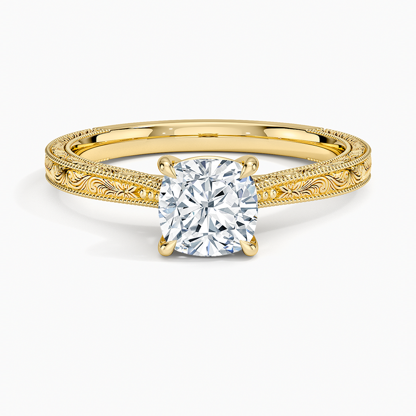 Elsie Engraved Ring Yellow Gold 18k Cushion Engagement Ring