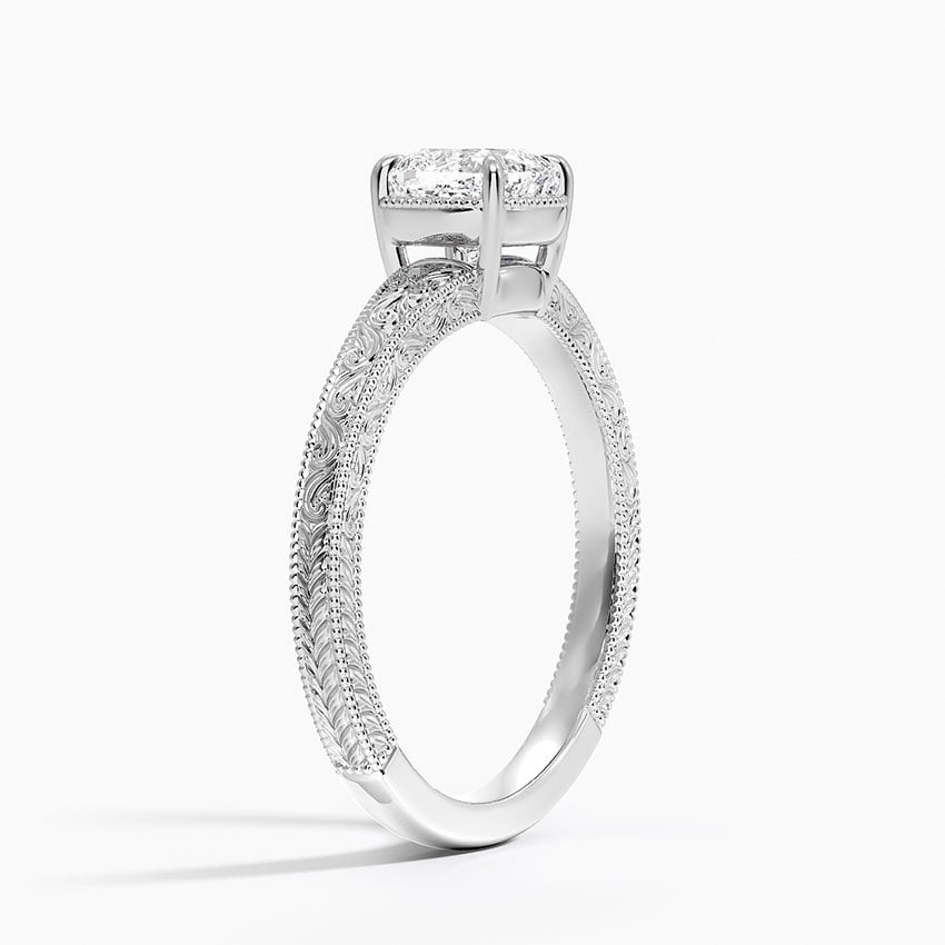 Tapered Elsie Engraved Solitaire Ring Platinum Cushion Engagement Ring