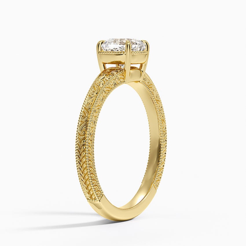 Tapered Elsie Engraved Solitaire Ring Yellow Gold 18k Cushion Engagement Ring