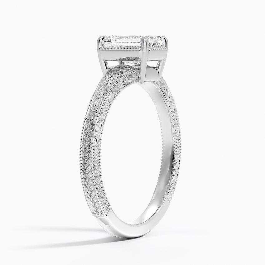 Tapered Elsie Engraved Solitaire Ring Platinum Emerald Engagement Ring