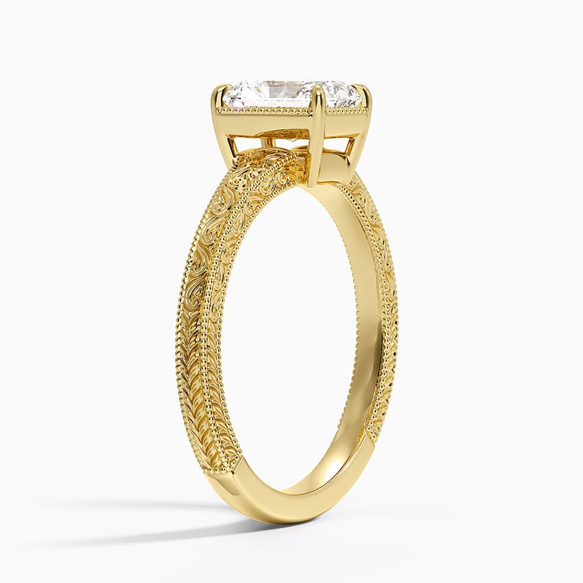Tapered Elsie Engraved Solitaire Ring Yellow Gold 18k Radiant Engagement Ring