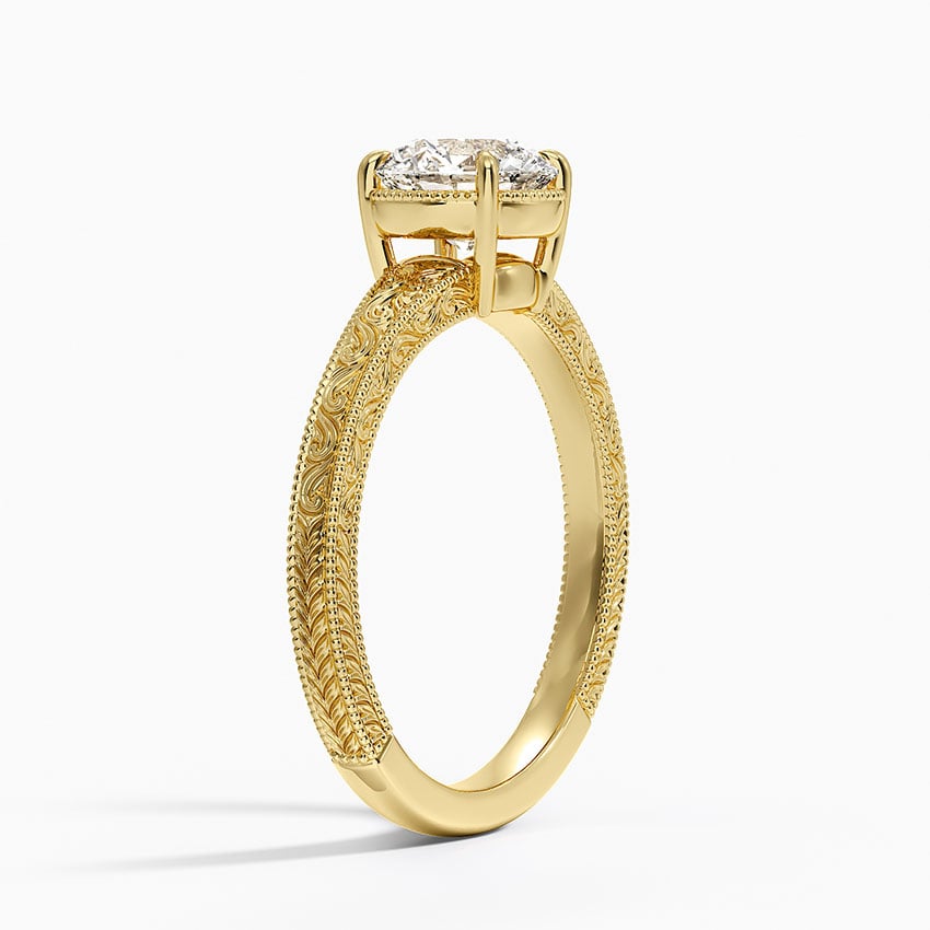 Tapered Elsie Engraved Solitaire Ring Yellow Gold 18k Round Engagement Ring