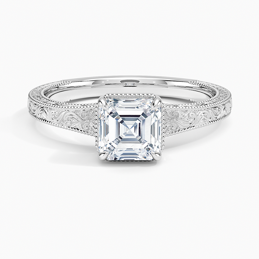 Tapered Elsie Engraved Solitaire Ring Platinum Asscher Engagement Ring