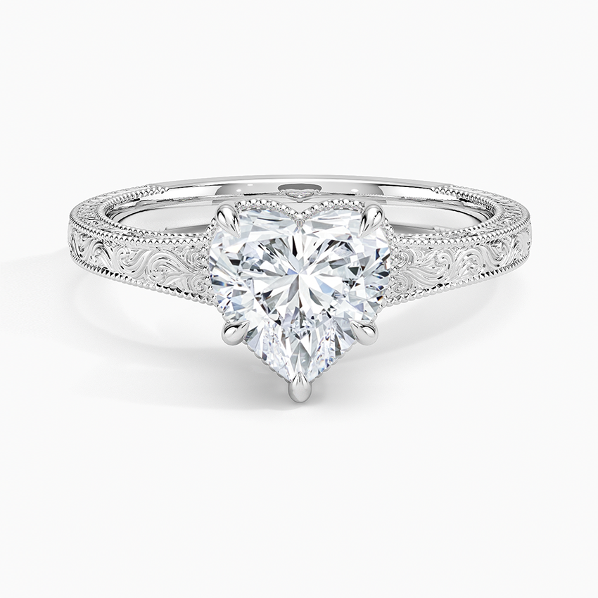 Tapered Elsie Engraved Solitaire Ring Platinum Heart Engagement Ring
