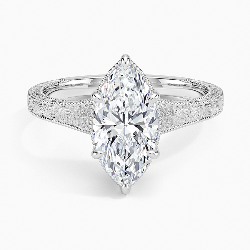 Tapered Elsie Engraved Solitaire Ring Platinum Marquise Engagement Ring
