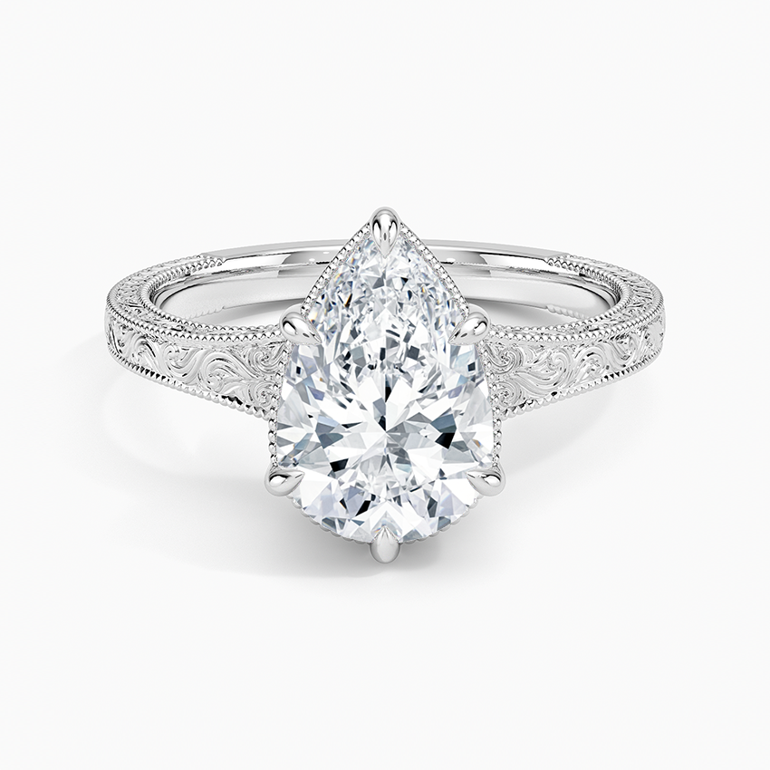 Tapered Elsie Engraved Solitaire Ring Platinum Pear Engagement Ring