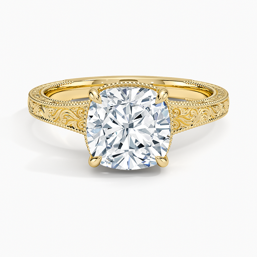 Tapered Elsie Engraved Solitaire Ring Yellow Gold 18k Cushion Engagement Ring