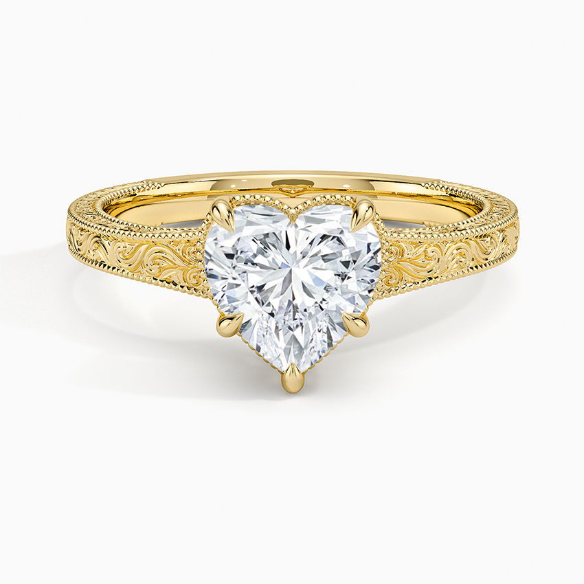 Tapered Elsie Engraved Solitaire Ring Yellow Gold 18k Heart Engagement Ring