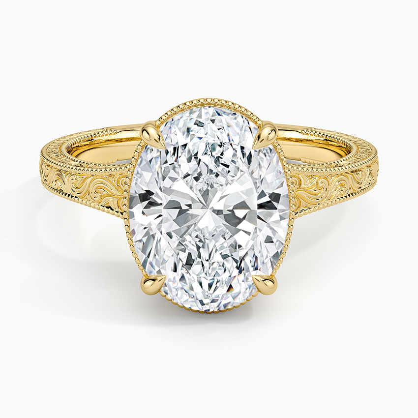 Tapered Elsie Engraved Solitaire Ring Yellow Gold 18k Oval Engagement Ring