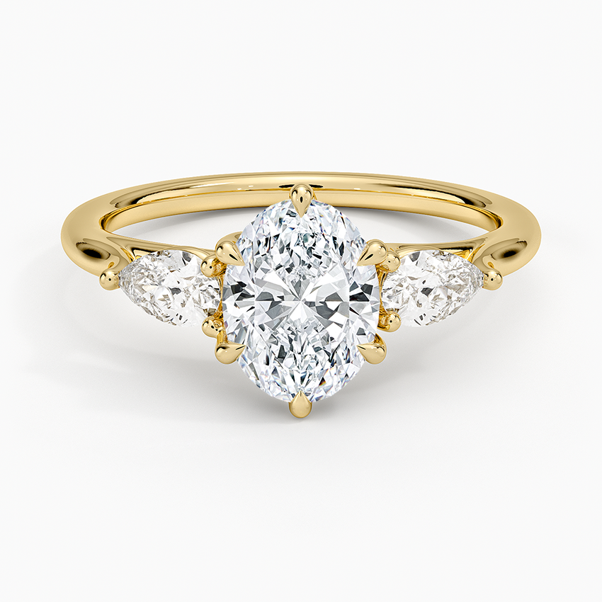 Luxe Delilah Three Stone Pear Diamond Ring Yellow Gold 18k Oval Engagement Ring