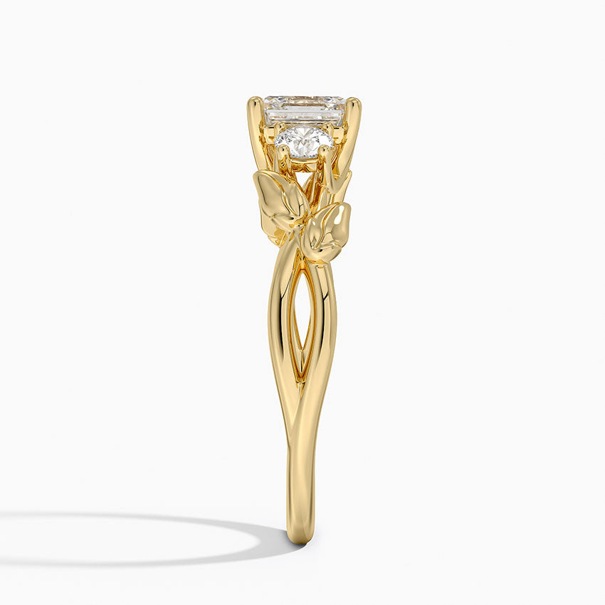 Budding Willow Three Stone Diamond Ring Yellow Gold 18k Asscher Engagement Ring