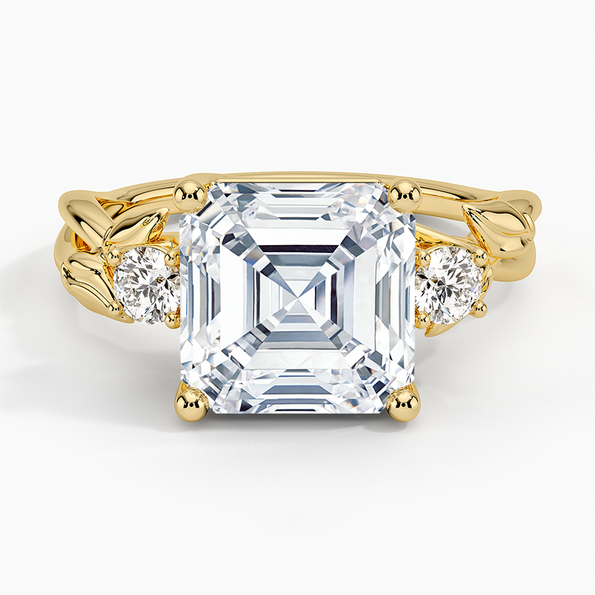 Budding Willow Three Stone Diamond Ring Yellow Gold 18k Asscher Engagement Ring
