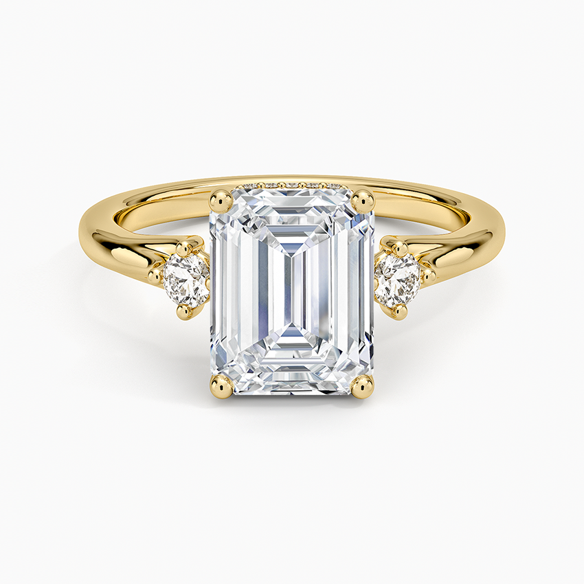 Floating Three Stone Diamond Ring Yellow Gold 18k Emerald Engagement Ring