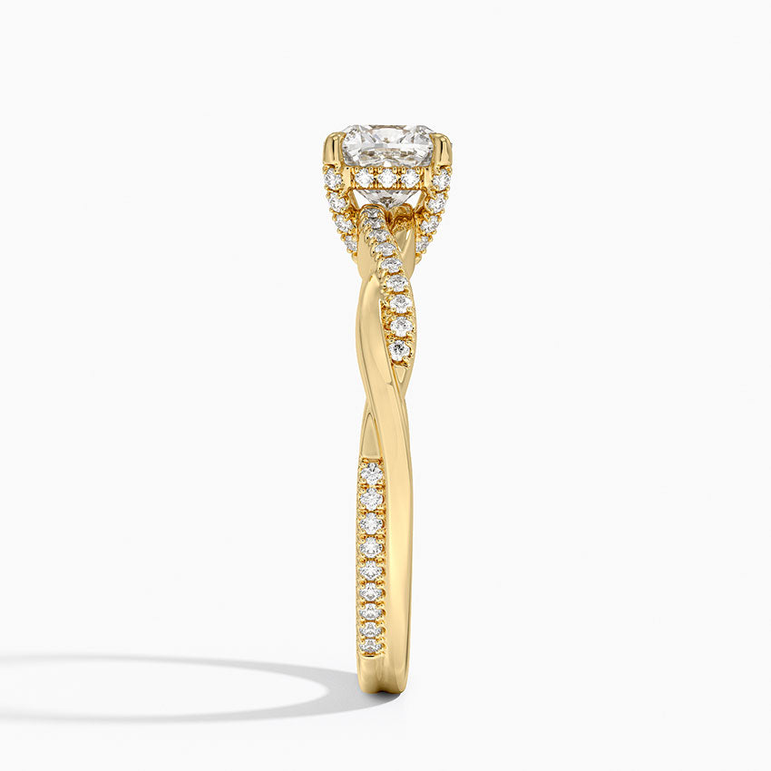 Petite Twisted Vine Hidden Halo Pavé Diamond Ring Yellow Gold 18k Cushion Engagement Ring