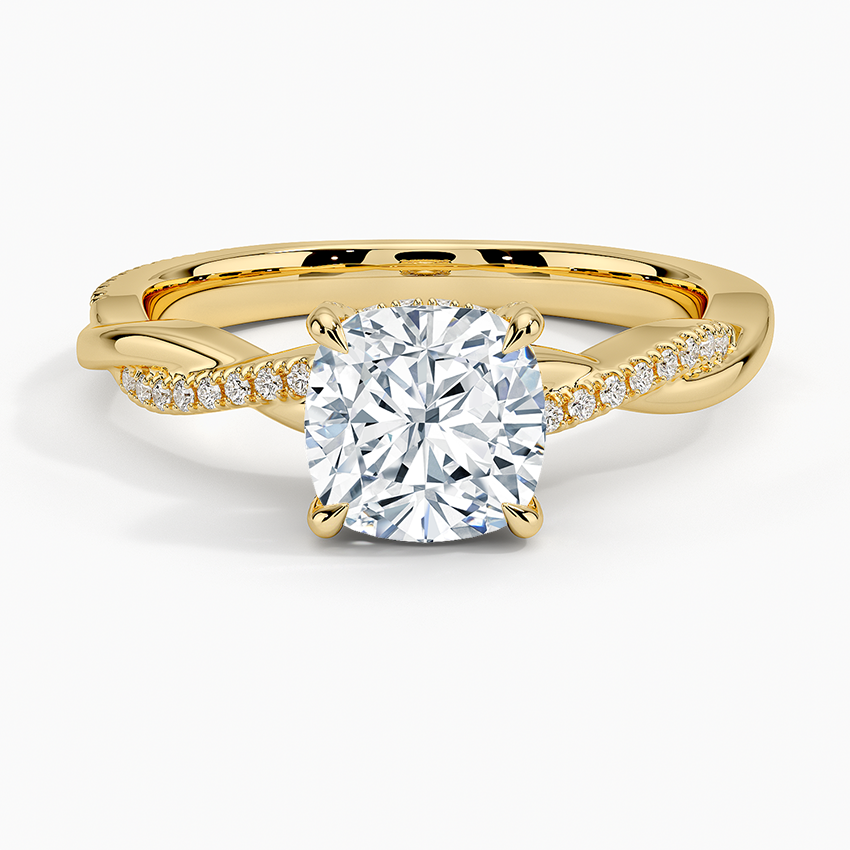 Petite Twisted Vine Hidden Halo Pavé Diamond Ring Yellow Gold 18k Cushion Engagement Ring