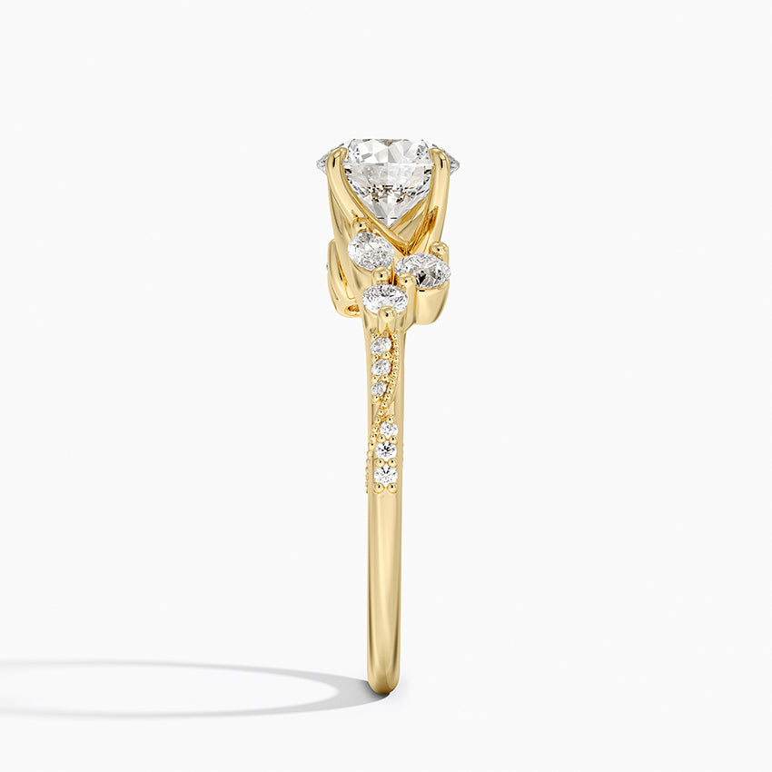 Luxe Camellia Milgrain Diamond Ring Yellow Gold 18k Round Engagement Ring
