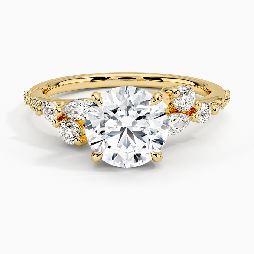 Luxe Camellia Milgrain Diamond Ring Yellow Gold 18k Round Engagement Ring
