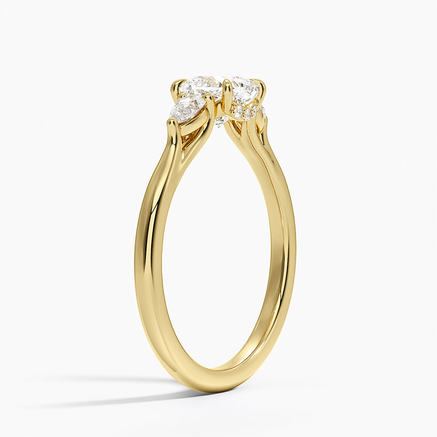 Floating Three Stone Pear Diamond Ring Yellow Gold 18k Cushion Engagement Ring