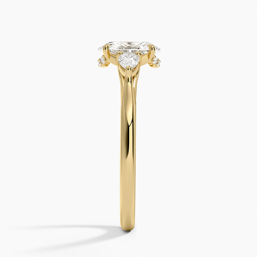 Floating Three Stone Pear Diamond Ring Yellow Gold 18k Oval Engagement Ring