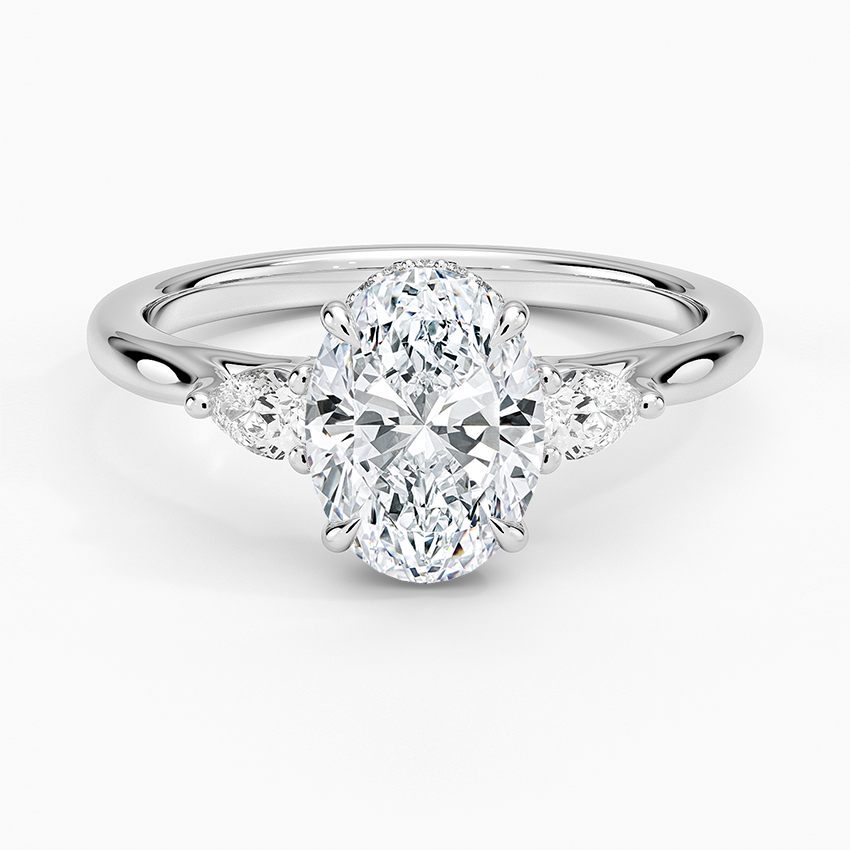 Floating Three Stone Pear Diamond Ring Platinum Oval Engagement Ring