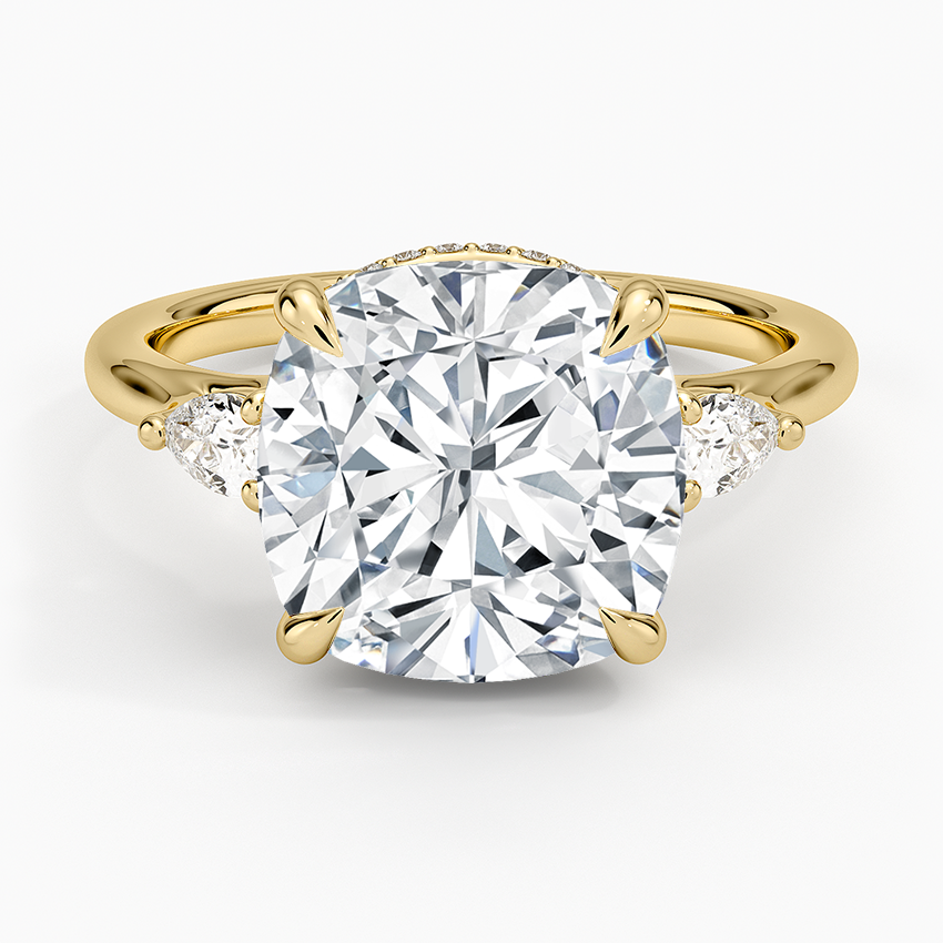 Floating Three Stone Pear Diamond Ring Yellow Gold 18k Cushion Engagement Ring