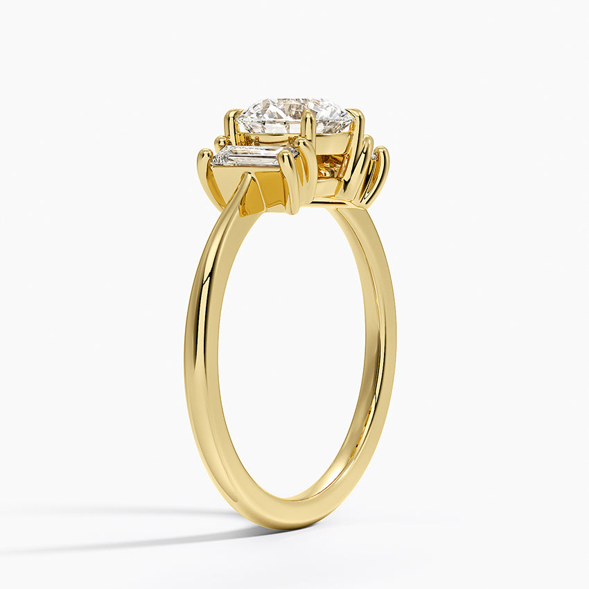 Vertical Baguette Three Stone Diamond Ring Yellow Gold 18k Round Engagement Ring