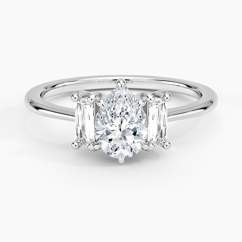 Vertical Baguette Three Stone Diamond Ring Platinum Pear Engagement Ring