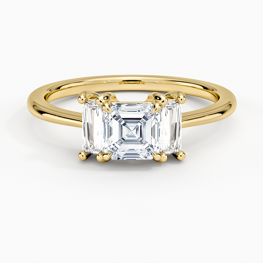 Vertical Baguette Three Stone Diamond Ring Yellow Gold 18k Asscher Engagement Ring
