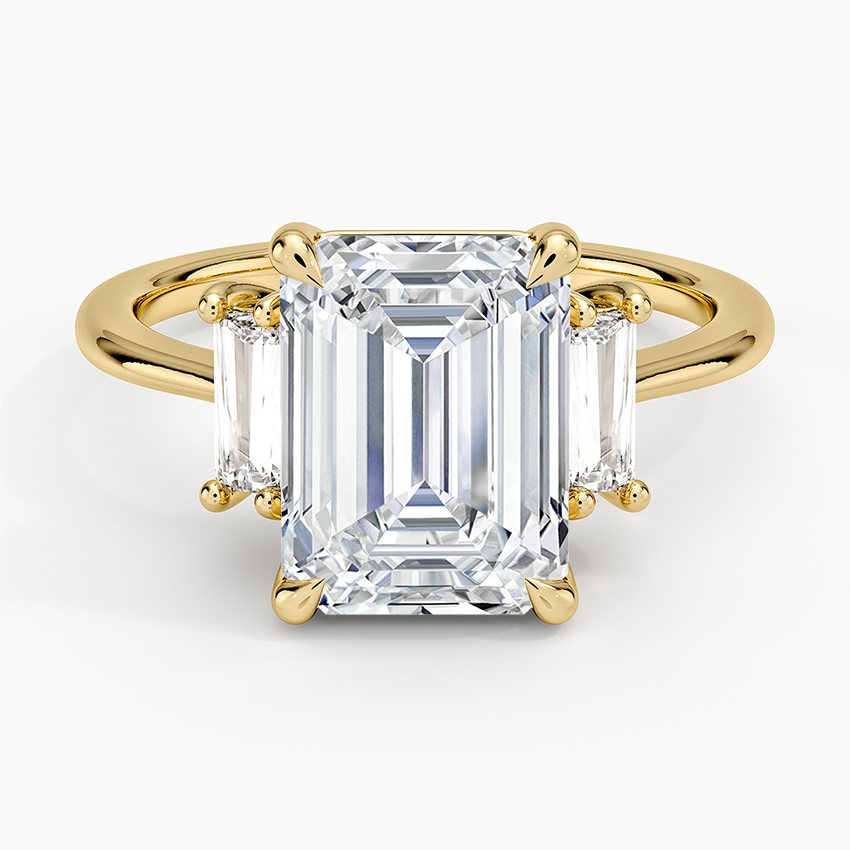 Vertical Baguette Three Stone Diamond Ring Yellow Gold 18k Emerald Engagement Ring