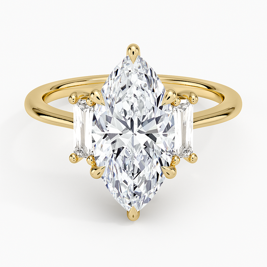 Vertical Baguette Three Stone Diamond Ring Yellow Gold 18k Marquise Engagement Ring