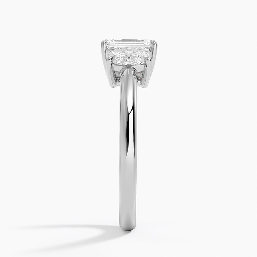 Faye Elongated Cushion Three Stone Diamond Ring Platinum Emerald Engagement Ring