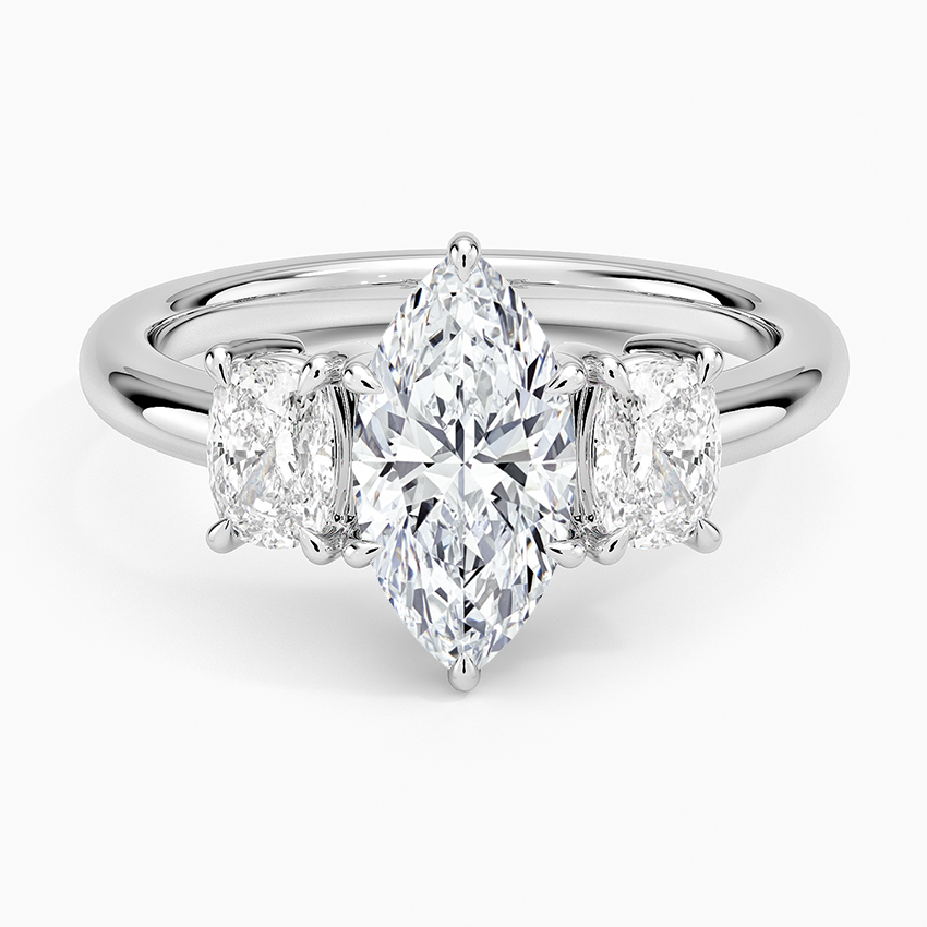 Faye Elongated Cushion Three Stone Diamond Ring Platinum Marquise Engagement Ring