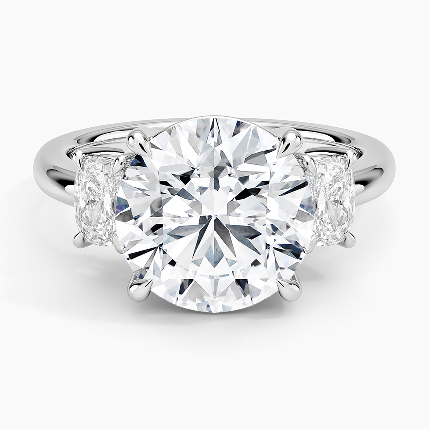 Faye Elongated Cushion Three Stone Diamond Ring Platinum Round Engagement Ring