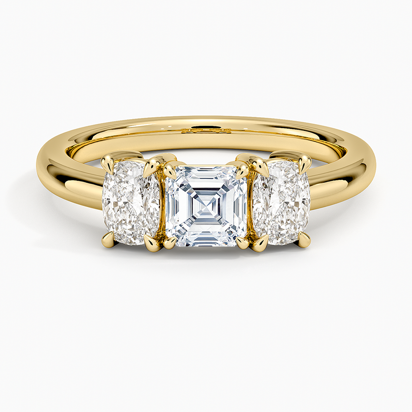 Faye Elongated Cushion Three Stone Diamond Ring Yellow Gold 18k Asscher Engagement Ring