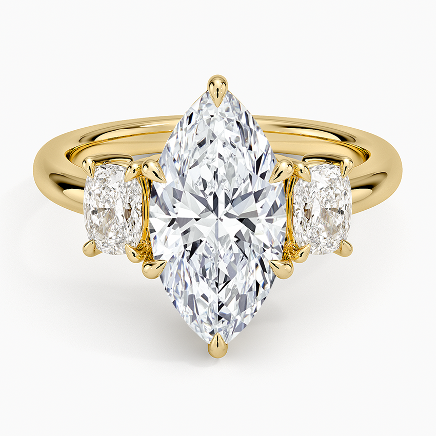 Faye Elongated Cushion Three Stone Diamond Ring Yellow Gold 18k Marquise Engagement Ring