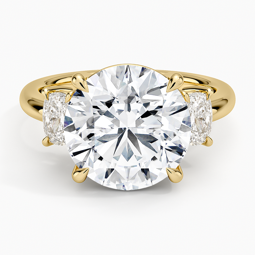 Faye Elongated Cushion Three Stone Diamond Ring Yellow Gold 18k Round Engagement Ring