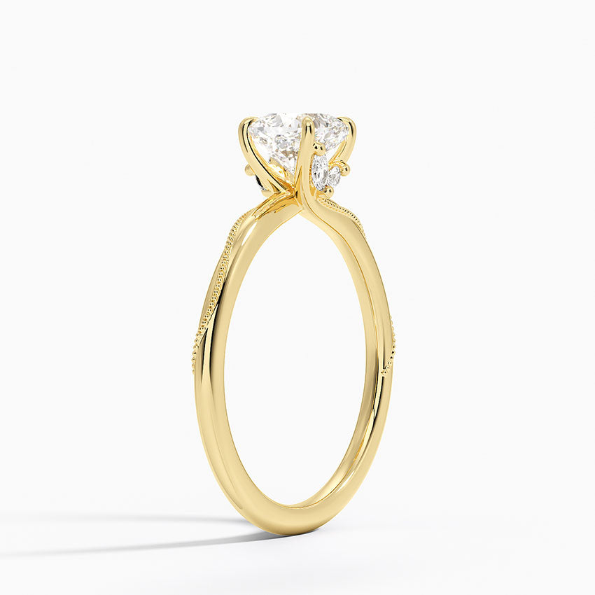 Adorned Camellia Milgrain Diamond Ring Yellow Gold 18k Cushion Engagement Ring