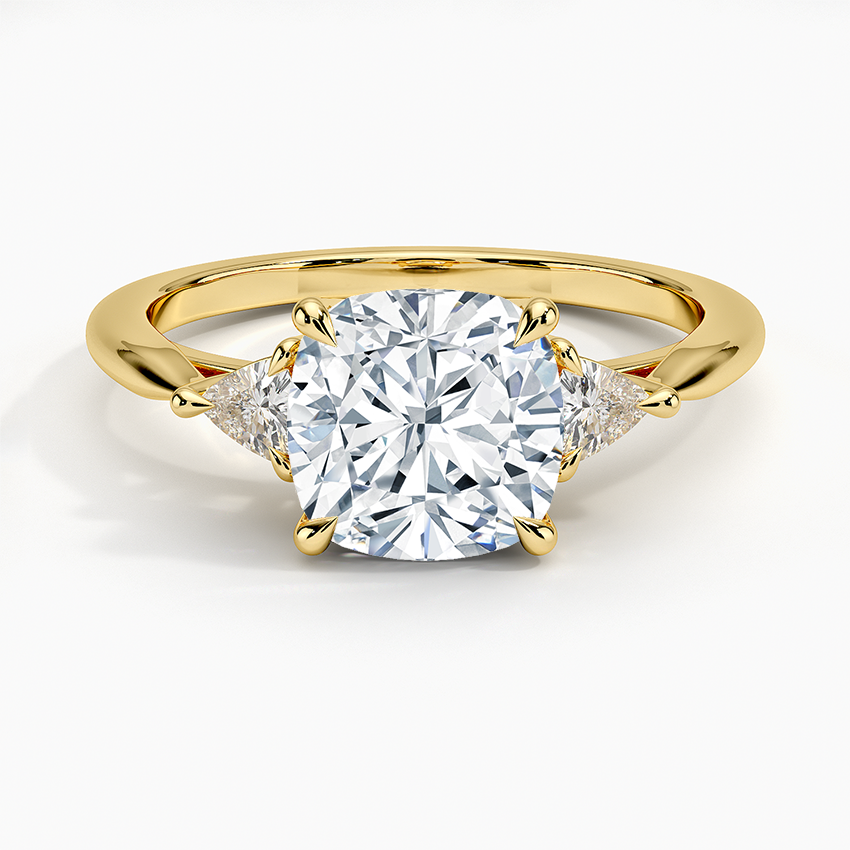 Trillion Cut Three Stone Diamond Ring Yellow Gold 18k Cushion Engagement Ring