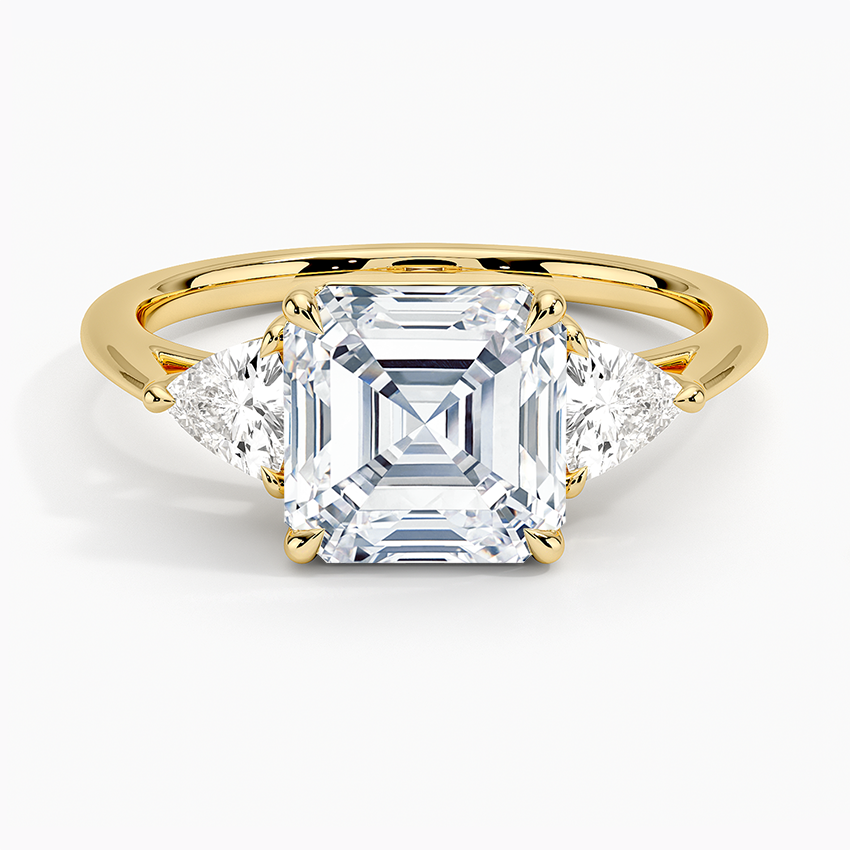 Luxe Trillion Cut Three Stone Diamond Ring Yellow Gold 18k Asscher Engagement Ring