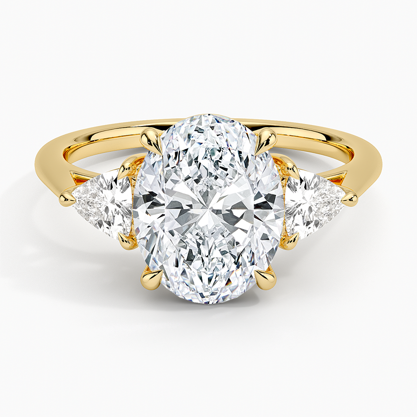 Luxe Trillion Cut Three Stone Diamond Ring Yellow Gold 18k Oval Engagement Ring