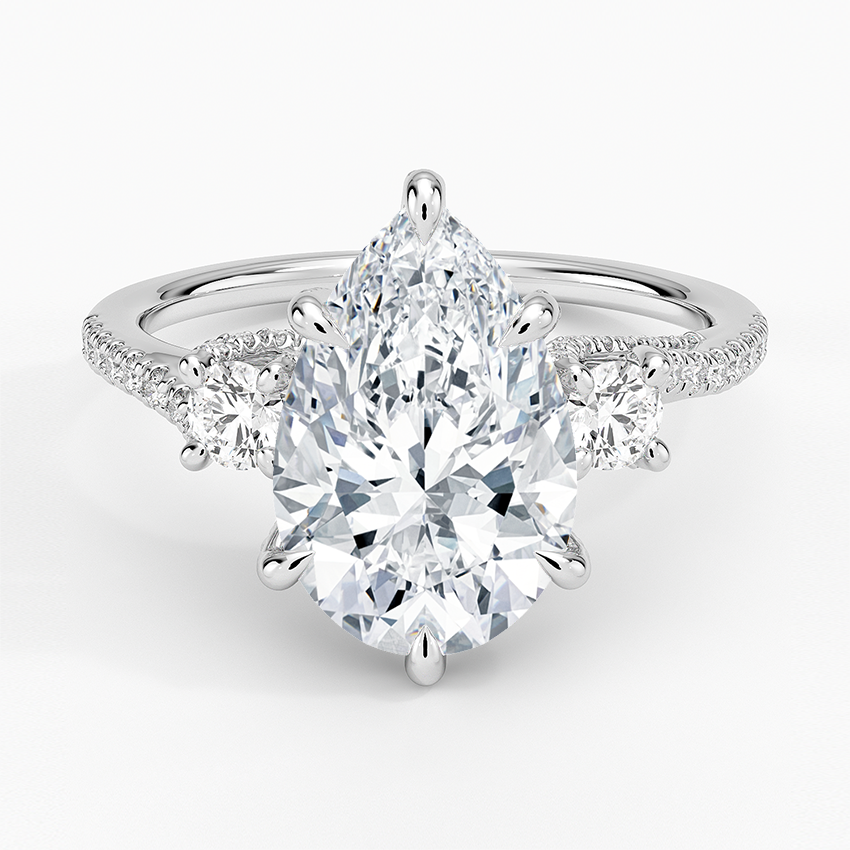Luxe Delilah Three Stone Pave Diamond Ring Platinum Pear Engagement Ring
