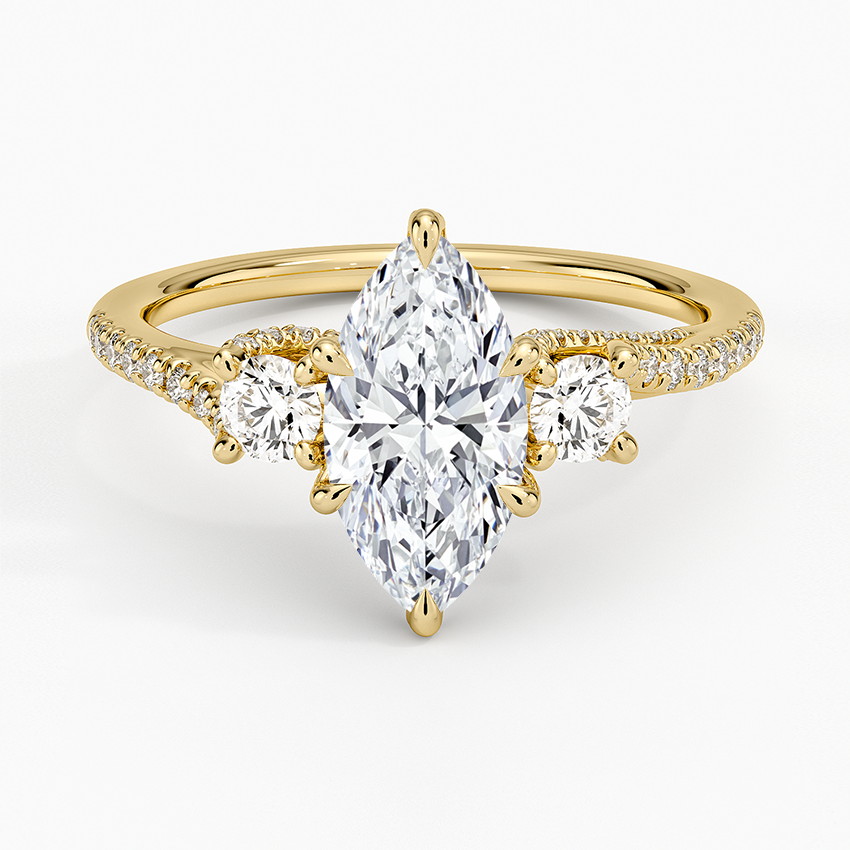 Luxe Delilah Three Stone Pave Diamond Ring Yellow Gold 18k Marquise Engagement Ring