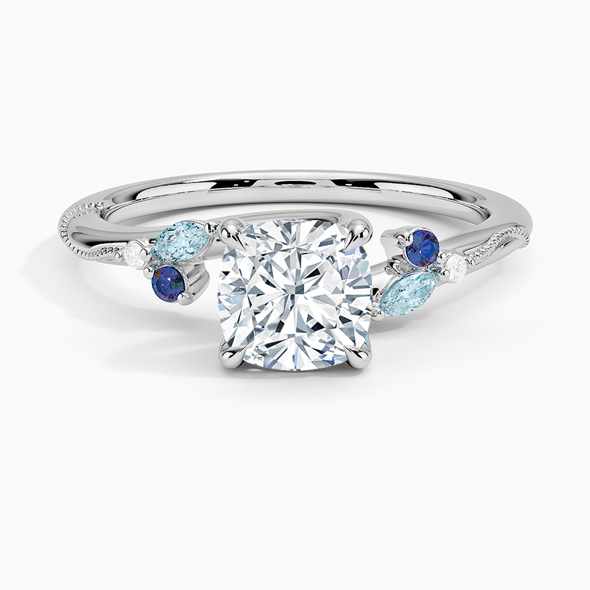 Camellia Indigo Milgrain Ring Platinum Cushion Engagement Ring