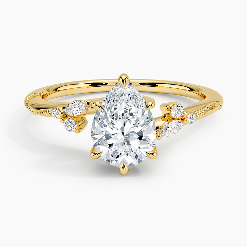Camellia Milgrain Diamond Ring Yellow Gold 18k Pear Engagement Ring