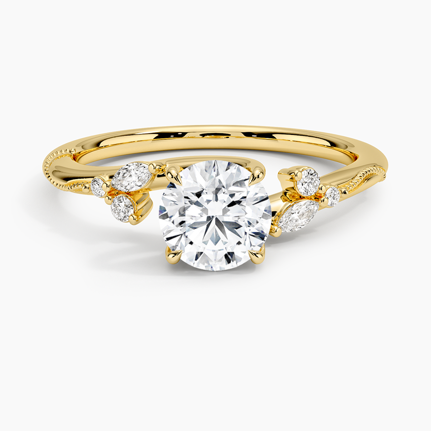 Camellia Milgrain Diamond Ring Yellow Gold 18k Round Engagement Ring