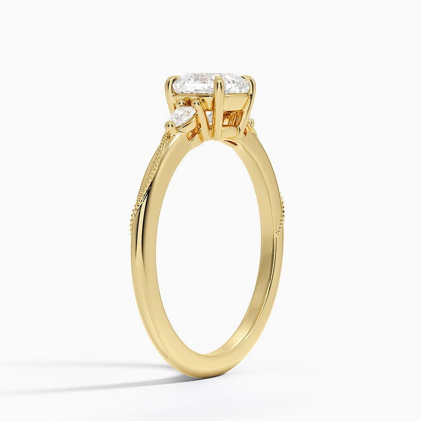 Camellia Three Stone Pear Diamond Ring Yellow Gold 18k Cushion Engagement Ring