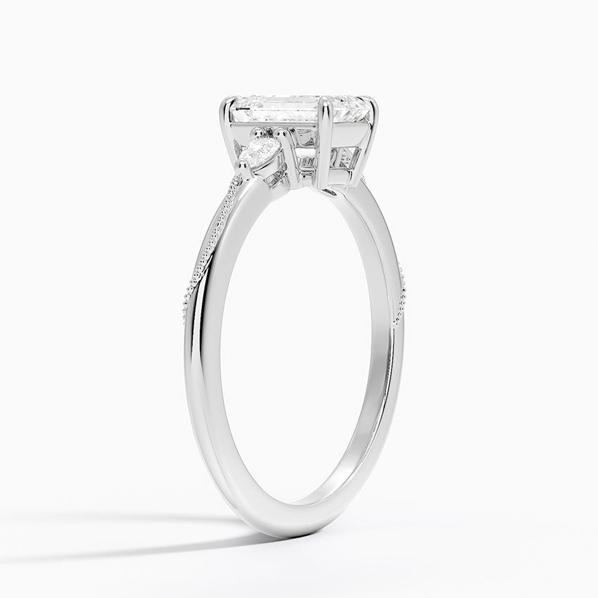 Camellia Three Stone Pear Diamond Ring Platinum Emerald Engagement Ring