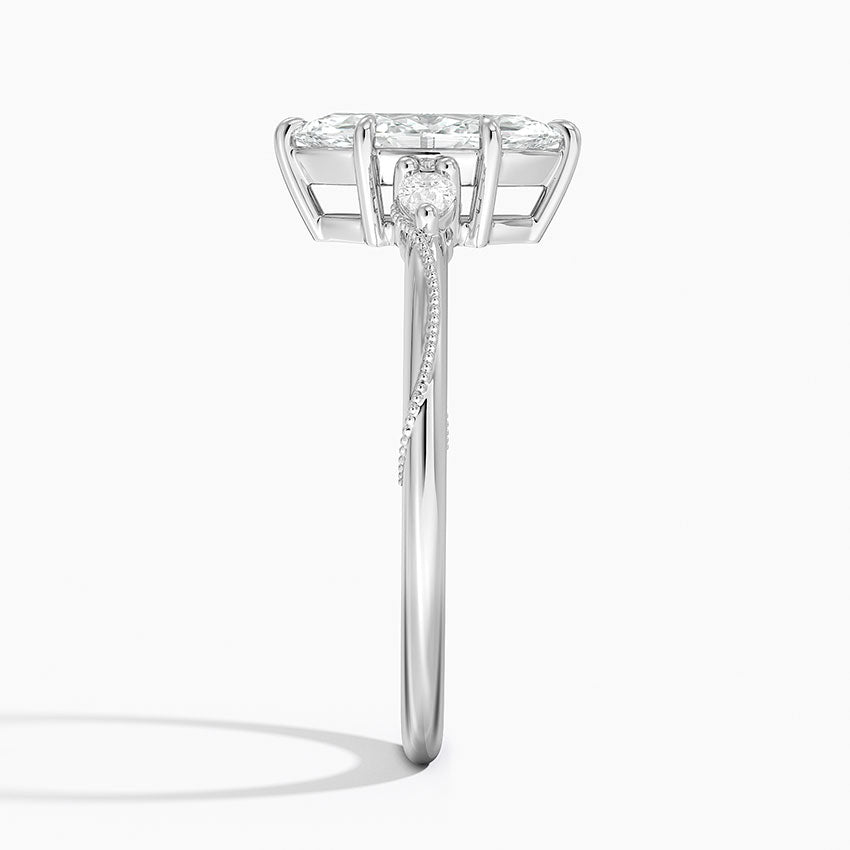Camellia Three Stone Pear Diamond Ring Platinum Marquise Engagement Ring